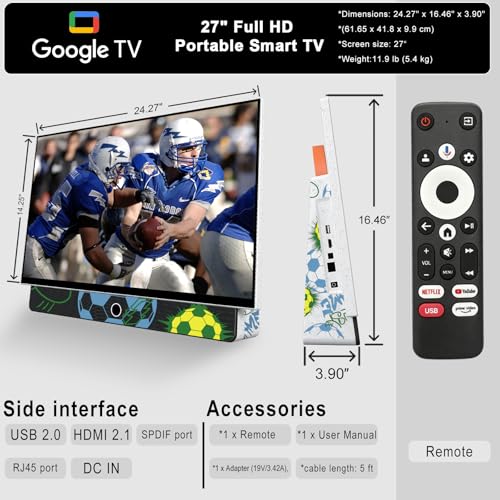 27 Inch Portable Smart TV, Android 14 OS, Built-in Battery Powered, FHD HDR Display, 60Hz Refresh Rate, Dolby Audio, WiFi, Chromecast, Voice Remote, for Bedroom, Game Day Parties, Camping & Travel - Image 5