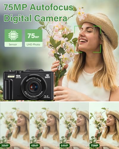 5K Digital Camera for Photography, 75MP WiFi Vlogging Camera for YouTube with 3" 180° Flip Screen, 18X Zoom UHD Autofocus Video Camara with 32GB SD Card, 2 Batteries - Image 3