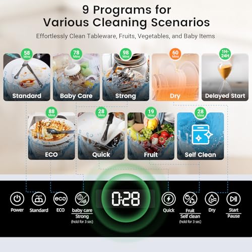 BLITZHOME WiFi Countertop Portable Dishwasher, Smart 9 Programs, 167℉ High-Temp, 360° 3Spray, 24H Timing, Hot Air Drying, Air Refresh, Baby-Care, LED Light, 5.2L Built-in Water Tank for Apartments RVs - Image 6