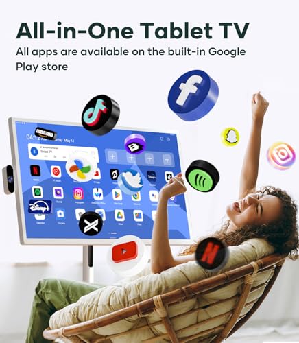 Cozyla Mate 32 Inch Mobile Portable TV Stand on Wheels Support Google Store Full Swivel Rotation Portable Touch Screen Monitor Built-in Battery Smart Rolling Tablet TV 4K Camera Remote Control White - Image 4