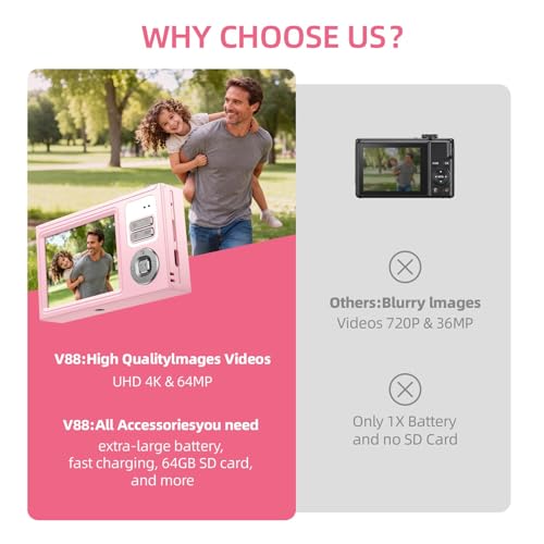 Digital Camera, 64MP 4K Camera for Kids with 2.8" IPS Screen, 64GB SD Card and 16X Digital Zoom Anti Shake, Point and Shoot Compact Camera, Compact Portable Small Gift for Boys Girls Students - Image 7