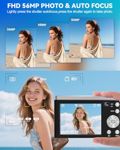 Digital Camera,5K 56MP Cameras for Photography Autofocus,Vlogging Compact Camera with Front and Rear Camera,10X Optical Zoom,6-Axis Anti-Shake,Touch Screen with 64GB SD Card,2 Batteries - Image 4