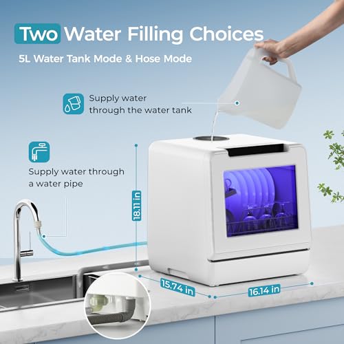 EUHOMY Countertop Dishwasher Portable, 8 Programs Mini Dishwasher with 5L Built-in Water Tank and Inlet hose, No Hookup Needed, Dishwasher with Self Clean/Baby Care/Air Dry, for Apartments, RVs, White - Image 6