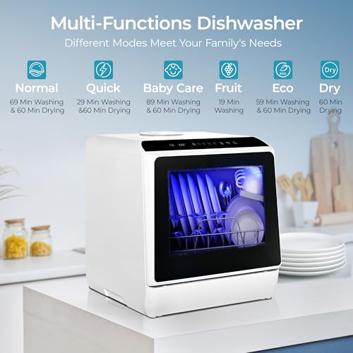 EUHOMY Countertop Dishwasher Portable with 6 Programs, 5L Built-in Water Tank for Apartments & RV, 167℉ High-Temp, No Hookup Needed, Mini Dishwasher with Baby Care, Air Dry/Quick/ECO/Fruit/Normal Mode - Image 4