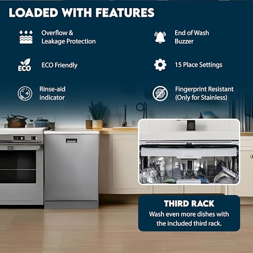 Equator 24" Built in Tall Tub Dishwasher 15 Place 3rd Rack 8 Wash 1400 RPM Turbo Dry 110V E-Star in Silver - Image 6