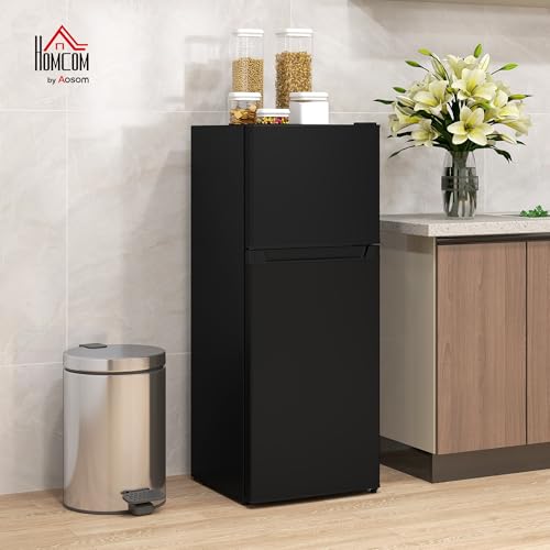 HOMCOM 4 Cu.Ft Mini Fridge with Freezer, Double Door Compact Refrigerator with Adjustable Thermostat, Shelf and Reversible Door for Bedroom, Dorm, Home Office, Energy Efficient, Black - Image 3