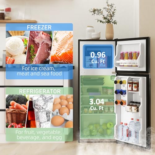 HOMCOM 4 Cu.Ft Mini Fridge with Freezer, Double Door Compact Refrigerator with Adjustable Thermostat, Shelf and Reversible Door for Bedroom, Dorm, Home Office, Energy Efficient, Black - Image 5