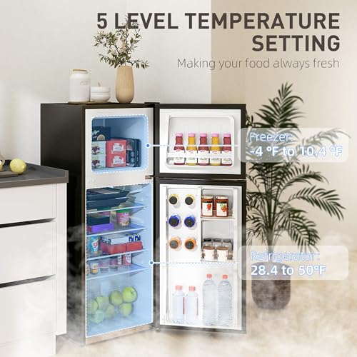 HOMCOM 4 Cu.Ft Mini Fridge with Freezer, Double Door Compact Refrigerator with Adjustable Thermostat, Shelf and Reversible Door for Bedroom, Dorm, Home Office, Energy Efficient, Black - Image 6