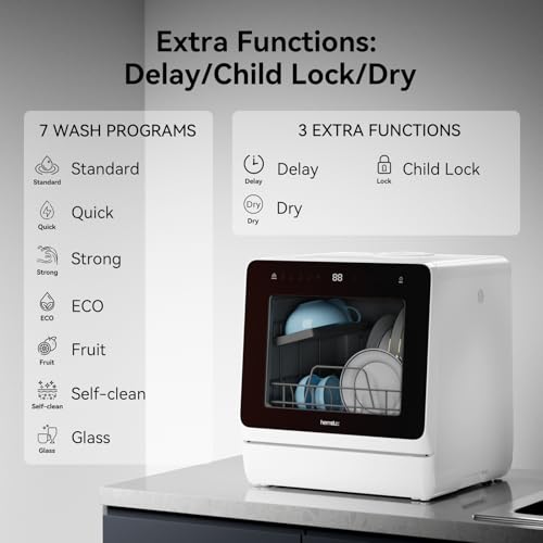 Hermitlux Countertop Dishwasher, 7 Washing Programs Portable Mini Dishwasher with 5-Liter Built-in Water Tank for Apartments & RVs, LED Light, Glass Door, No Hookup Needed - Image 4