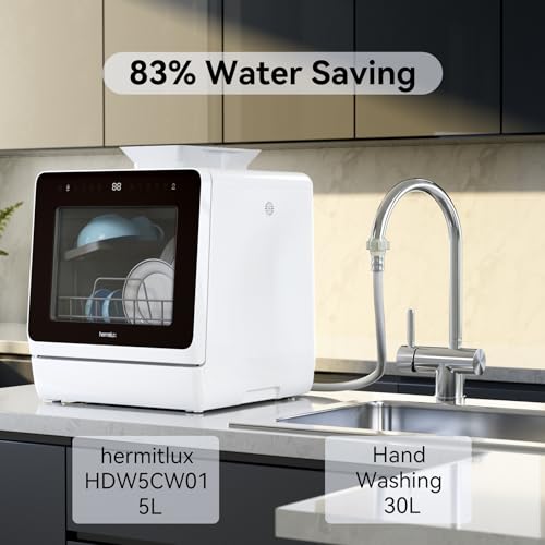 Hermitlux Countertop Dishwasher, 7 Washing Programs Portable Mini Dishwasher with 5-Liter Built-in Water Tank for Apartments & RVs, LED Light, Glass Door, No Hookup Needed - Image 5