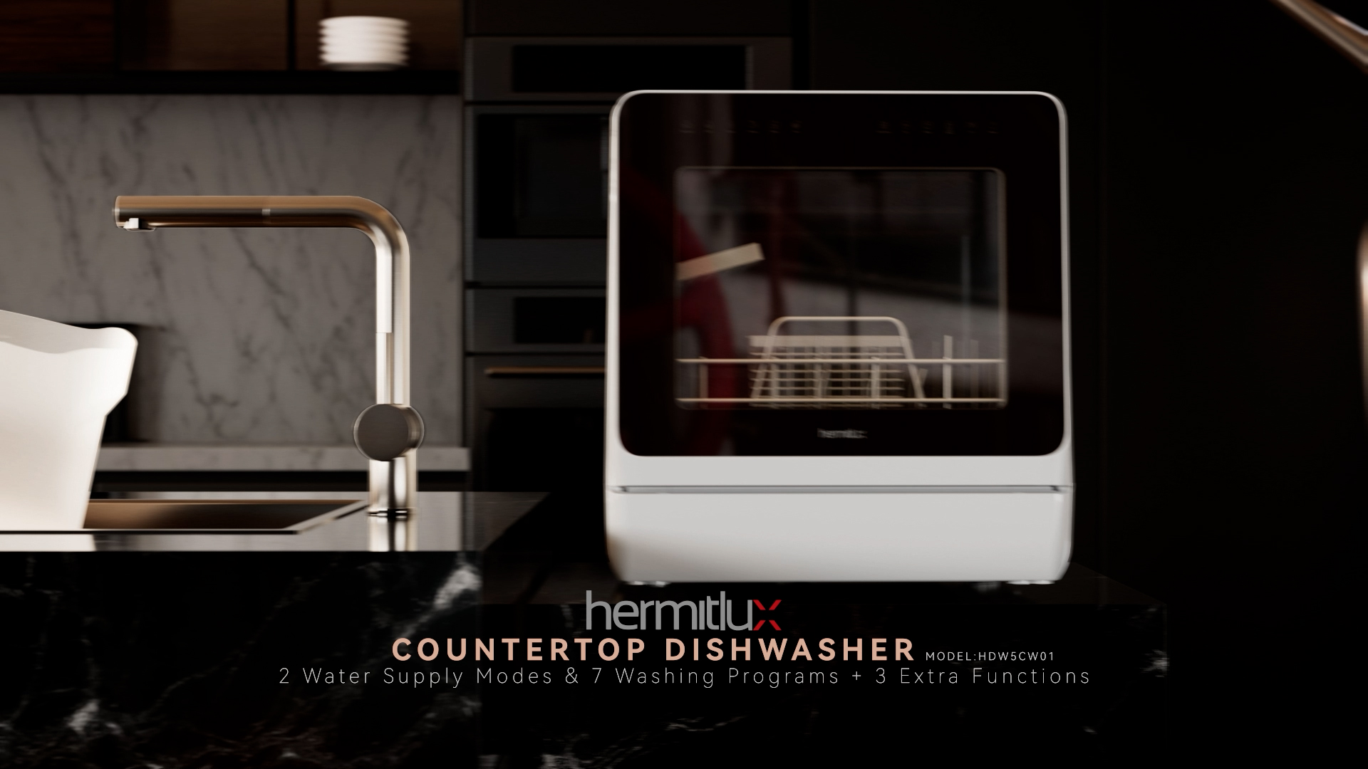 Hermitlux Countertop Dishwasher, 7 Washing Programs Portable Mini Dishwasher with 5-Liter Built-in Water Tank for Apartments & RVs, LED Light, Glass Door, No Hookup Needed - Image 8