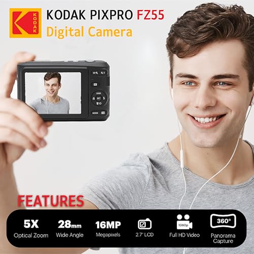 KODAK PIXPRO FZ55 16MP Digital Point & Shoot Camera, 5X Optical Zoom, 28mm Wide Angle, 1080P Full HD Video, Bundle with 32GB SD Card, Protective Case, and Hi-Speed Card Reader (Black) - Image 6