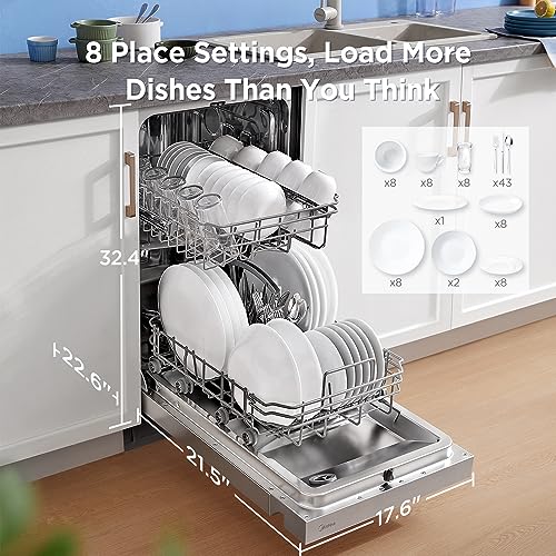 Midea MDF18A1AST Built-in Dishwasher with 8 Place Settings, 6 Washing Programs, Stainless Steel Tub & Eastman Dishwasher Installation Kit with Angled Electrical Cord, 3/4 Inch Compression - Image 3