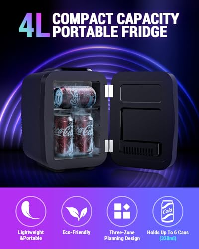 Mini Fridge, 4 Liter/6 Cans Small Refrigerator With Dimmable LED Light,AC/DC Portable Mini Cooler and Warmer, Gaming Small Fridge for Bedroom,Office,Gaming Room and Car (Black) - Image 3