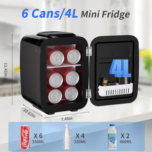 Mini Fridge, 4 Liter/6 Cans Small Refrigerator for Skincare, 110V AC/ 12V DC Thermoelectric Cooler and Warmer for Bedroom, Office, Dorm, Car, Black - Image 3