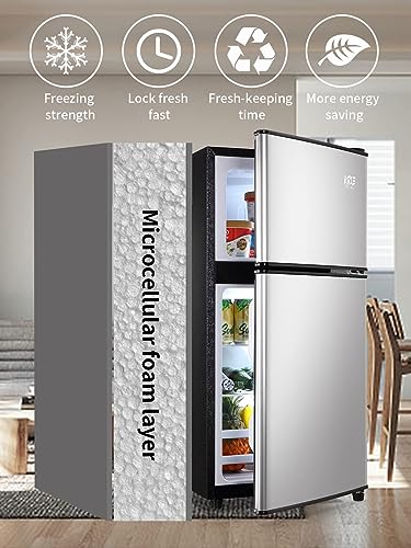 Mini Fridge, Compact Refrigerator Small Refrigerator 7 Level Adjustable Thermostat Removable Shelves with Stainless Steel 2 door for Office Dorm Apartment 3.5 Cu.Ft Silver - Image 4