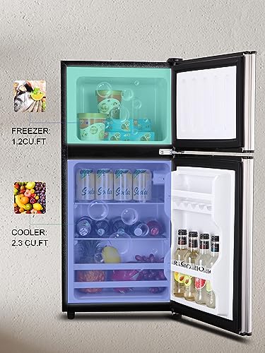 Mini Fridge, Compact Refrigerator Small Refrigerator 7 Level Adjustable Thermostat Removable Shelves with Stainless Steel 2 door for Office Dorm Apartment 3.5 Cu.Ft Silver - Image 7