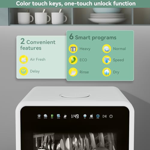 Portable Dishwasher, Countertop Dishwasher with Color Screen, 5 Place Settings & 8 Washing Programs, Mini Dishwashers, 3 Spray Arms with 5 L Built-in Water Tank - Image 5