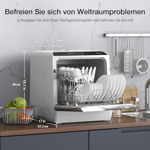 Portable Dishwasher Countertop, WIFI Smart Dishwasher, Compact Mini Dishwashers with 5L Built-in Water Tank, 6 Programs, 360° Dual Spray, High-Temp& Air-Dry Function, Fruit Cleaning - Image 3